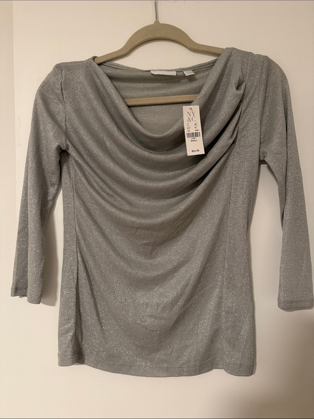 New York & Company Silver Metallic Draped Cowl-Neck Top
